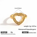 Gold plated stainless steel heart ring with sparkling white rhinestones and cutout design - Hollow Heart Style (DKR25-117GL)