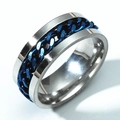 Detail of silver stainless steel ring with blue cuban chain inlay on a grey background - US 7 / Blue