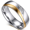 Two-tone brushed titanium couple ring with gold edges and four diagonal inlaid crystals - Size 5 / Gold with Stone