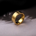 Polished 8mm gold titanium steel ring shown on elegant purple paper and feather background - US 7 / Gold