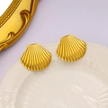 Minimalist gold shell stud earrings with textured stripe finish for beach vacations - Fan Shell Texture Style (CK126)