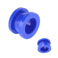 Close-up of bright blue double flared ear gauges with smooth acrylic surface - Matte Dark Blue