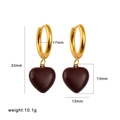 French vintage 18K gold heart earrings with dark brown oil drip heart pendants - Coffee Earrings