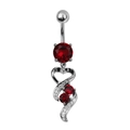 Silver surgical steel belly ring with red zircon and dangling heart charm - Red