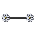 Black stainless steel barbell nipple ring with white daisy floral ends for body piercing - White