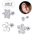 4-piece silver cartilage earring set with cubic zirconia floral and star studs - 4-Piece Set Combination Style / Mixed Style