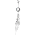 Silver stainless steel belly ring featuring sparkling zircon tassels and polished ball - Luxury Tassel Style (2321) / Silver