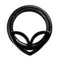 Detailed close-up of a black PVD coated hinged septum ring with alien head design - Alien Design - Black