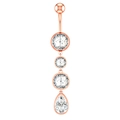 Close-up of rose gold navel ring with vertical round and pear-shaped crystals - Four-Zircon Dangle Style (2317) / Rose Gold
