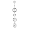 Detail of silver navel ring featuring curved barbell and four dangling white zircons - Four-Zircon Dangle Style (2317) / Silver