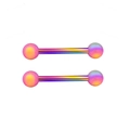 Macro shot of colorful iridescent body piercing barbells with matte glitter texture balls - Rainbow Frosted