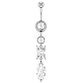 Vertical leaf-shaped belly ring with marquee and round zircon stones in silver finish - Tiered Zircon Style (2319) / Silver