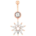 Close-up of rose gold belly ring with round crystal and marquise starburst pendant - Starburst Pendant Style (2315) / Rose Gold