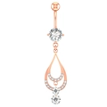Macro detail of rose gold belly ring with sparkling zircon in water drop dangle shape - Teardrop Tassel Hollow Style (2313) / Rose Gold