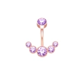Detail of rose gold belly button ring featuring fan-shaped purple zircon stones - Rose Gold Purple Zircon