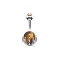 Detalle de piercing de ombligo con garra de mano de calavera y piedra de ojo de tigre natural - Ojo de Tigre Plateado