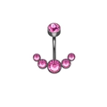 Detail of pink crystal naval ring with curved barbell in dark stainless steel - Black Pink Rhinestone