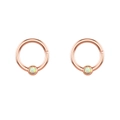 Close-up of rose gold hinged hoops with iridescent opal inlay for piercing jewelry - Opal Rose Gold