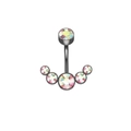 Macro shot of curved steel belly button ring with six shimmering AB crystal rhinestones - Black AB Rhinestone