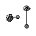 Détail de piercings de langue en acier inoxydable noir mat avec motifs de fleurs de rose - Rose / Noir