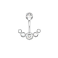 Detail of silver steel curved belly ring with fan-shaped 5-stone zirconia design - Steel Color White Zircon