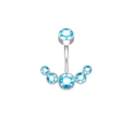 Detailed view of stainless steel belly ring with six sparkling blue Czech crystals - Steel Color Lake Blue Zirconia
