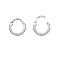 Detailed view of silver stainless steel clicker ring with cubic zirconia in open and closed states - Zircon Steel Color