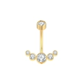Close-up of golden belly piercing ring with curved bar and 6 sparkling clear gemstones - Gold White Rhinestone