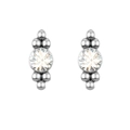 Macro detail of silver earrings with bezel-set round crystals and geometric bead accents - Tower Bead Style (Style 1) / Silver