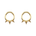 Detailed view of golden stainless steel clicker hoop earrings with triple spike punk design - Gold