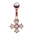 Detail view of rose gold belly piercing with a cross pendant and clear cubic zirconia - Rose Gold Cross Style (1940)