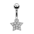 Detailansicht eines silbernen Bauchnabelpiercings mit funkelndem Sternanhänger und Zirkonia - Silbernes Pentagramm-Stil (1944)