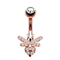 Detailed view of a rose gold bee navel ring with sparkling pavé cubic zirconia crystals - Rose Gold Bee Style (1942)