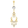 Gold belly ring with large round zircon and vintage hollow teardrop pendant design - Vintage Teardrop Hollow Style (2322) / Gold
