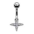 Polierter Bauchnabelpiercing aus Silber mit Zirkonia-Steinen und einem Stern-Anhänger - Silberner Vier-Punkte-Stern-Stil (1945)