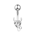 Silver devil heart belly button ring with horns, tail and clear zircon gemstone - Silver (2661)
