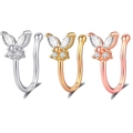 Détail de bijoux de nez papillon sans perçage en argent, or et or rose avec zircons - Or
