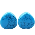 Pair of heart-shaped blue turquoise ear gauges with natural black marble veins - 14mm Blue Turquoise