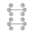 Macro view of flower-shaped nipple rings with sparkling zircon inlay on white background - Silver