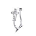 Detail view of silver U-shaped nose cuff with a cross design inlaid with clear zircons - Cross Style / Steel