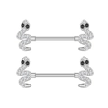 Macro detail of snake-shaped nipple rings with white zircons and polished silver finish - Snake Style (2706) / Silver