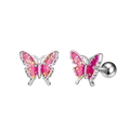 Detail of pink butterfly cartilage earrings with colorful glitter and screw-back ball - Screw Ball Back Style (Steel Color) / Pink
