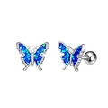 Detail of silver butterfly stud earrings with blue green opal inlay and screw back - Screw Ball Back Style (Steel Color) / Blue
