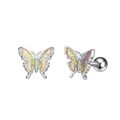 Detailed macro view of butterfly stud earrings with colorful opal inlay and screw back - Screw Ball Back Style (Steel Color) / AB Color