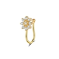 Close-up of golden floral fake nose ring with sparkling crystals and U-shaped design - 9-Stone Pave Flower (2728) / Gold