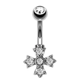 Polished steel belly button ring featuring a silver cross pendant with clear zircons - Silver Cross Style (1940)