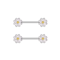 Macro shot of silver nipple bar with pink daisy flower enamel ends and yellow centers - Daisy Style (2799 White)