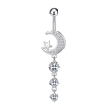 Detail of silver belly ring with crescent moon, star design and three hanging zircons - Moon Star Style (2754) / Steel