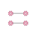 Close-up of pink flower nipple rings with zircon and enamel petals on steel barbells - Pink Flower Style (2799 Pink) / Pink