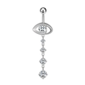 Detailed view of silver navel ring featuring eye design with dangling zircon stones - Eye Style (2755) / Steel